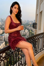 Cindy Burgundy Sequin Bodycon Square Neck Mini Dress with Feather Trim