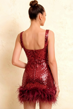 Cindy Burgundy Sequin Bodycon Square Neck Mini Dress with Feather Trim