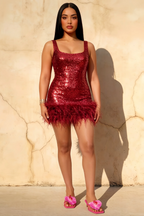 Cindy Burgundy Sequin Bodycon Square Neck Mini Dress with Feather Trim