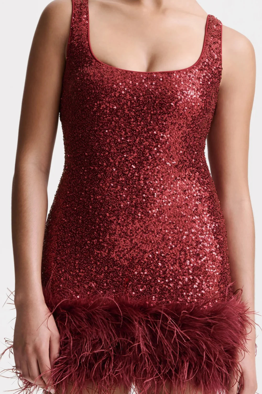 Cindy Burgundy Sequin Bodycon Square Neck Mini Dress with Feather Trim