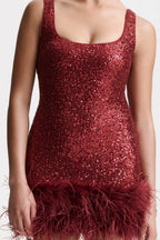 Cindy Burgundy Sequin Bodycon Square Neck Mini Dress with Feather Trim