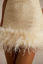 Cindy Champagne Sequin Bodycon Square Neck Mini Dress with Feather Trim