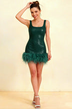 Cindy Dark Green Sequin Bodycon Square Neck Mini Dress with Feather Trim