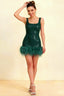 Cindy Dark Green Sequin Bodycon Square Neck Mini Dress with Feather Trim
