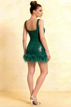 Cindy Dark Green Sequin Bodycon Square Neck Mini Dress with Feather Trim
