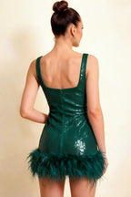 Cindy Dark Green Sequin Bodycon Square Neck Mini Dress with Feather Trim