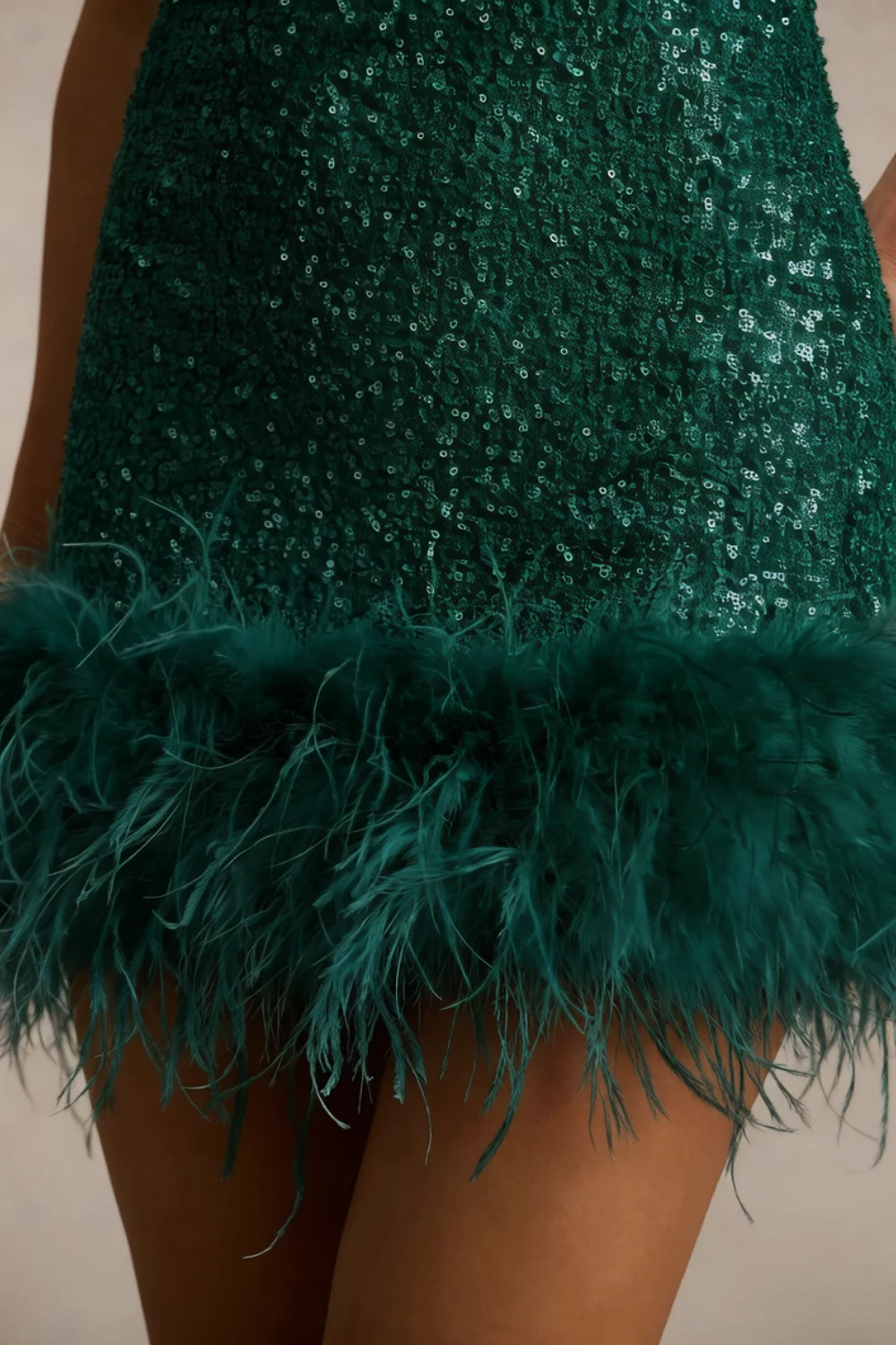 Cindy Dark Green Sequin Bodycon Square Neck Mini Dress with Feather Trim