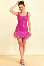 Cindy Fuchsia Sequin Bodycon Square Neck Mini Dress with Feather Trim
