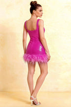 Cindy Fuchsia Sequin Bodycon Square Neck Mini Dress with Feather Trim