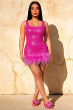 Cindy Fuchsia Sequin Bodycon Square Neck Mini Dress with Feather Trim