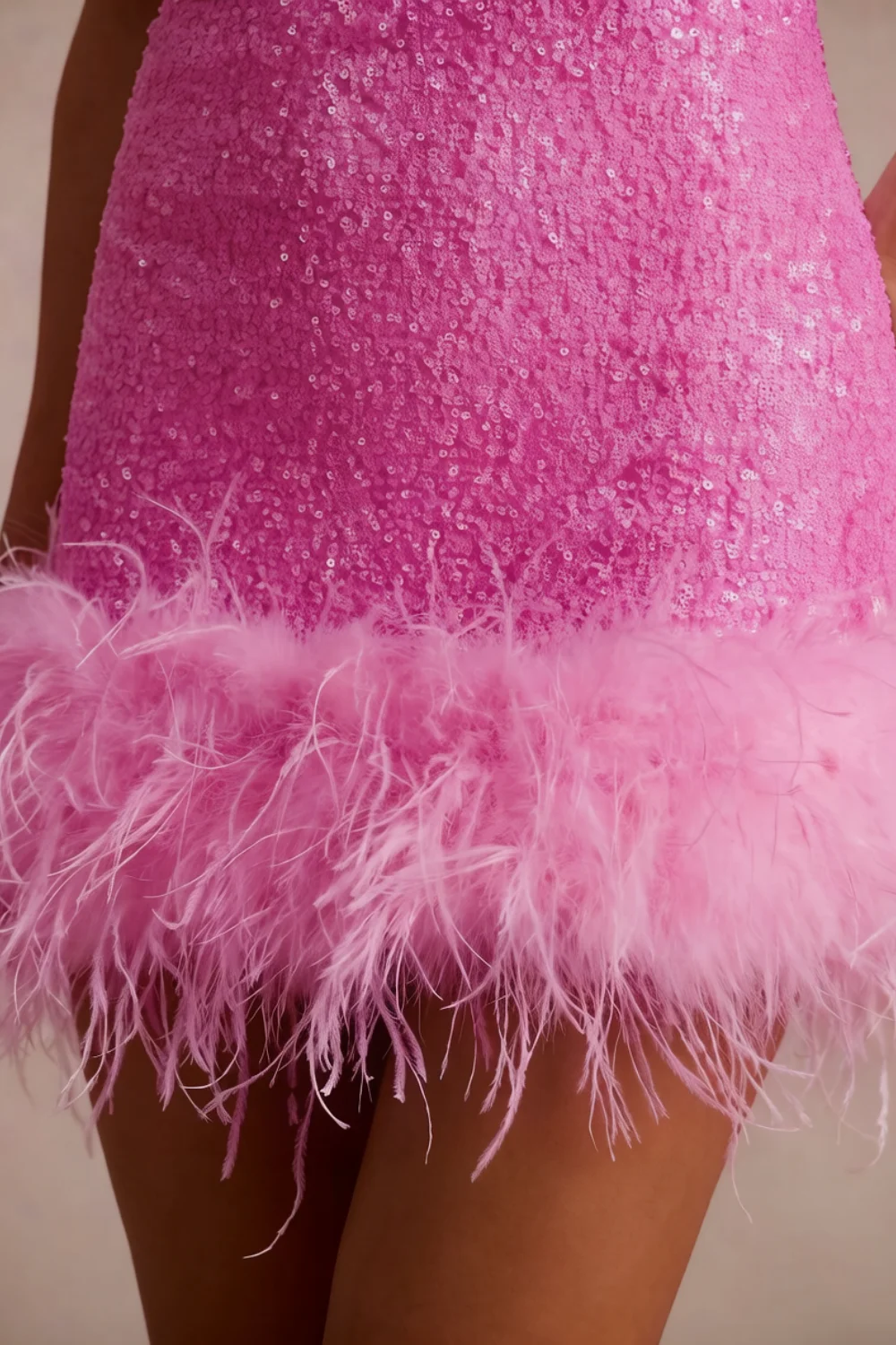 Cindy Fuchsia Sequin Bodycon Square Neck Mini Dress with Feather Trim