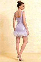 Cindy Lavender Sequin Bodycon Square Neck Mini Dress with Feather Trim
