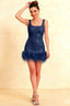 Cindy Navy Sequin Bodycon Square Neck Mini Dress with Feather Trim - Front Model Studio Shot