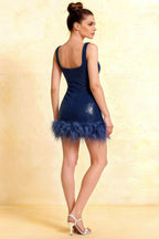 Cindy Navy Sequin Bodycon Square Neck Mini Dress with Feather Trim - Back View Studio Photography