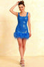 Cindy royal blue sequin bodycon square neck mini dress with feather trim, studio shot for homecoming prom bridesmaid party