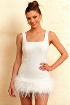 Close-up front view of Cindy white sequin bodycon mini dress with feather trim, model studio shot, ideal for bridesmaid party.