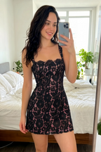 Customer photo Claire black lace A-line square neck mini dress home try-on homecoming party casual semi-formal event