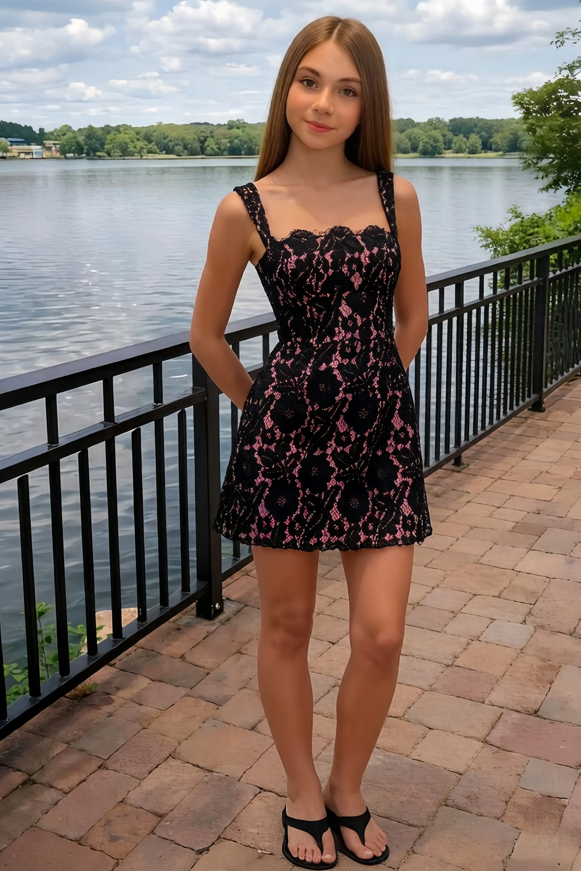 Customer wearing Claire black lace A-line square neck mini dress outdoor lake side homecoming semi-formal summer party