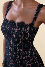 Claire black lace A-line square neck mini dress close-up square neckline lace detailing elegant semi-formal prom dress