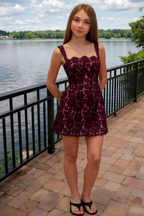 Customer wearing Claire burgundy lace A-line square neck mini dress to outdoor party by lake, bridesmaid party dress alternative.