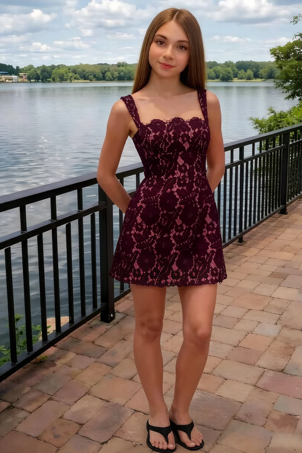 Customer wearing Claire burgundy lace A-line square neck mini dress to outdoor party by lake, bridesmaid party dress alternative.