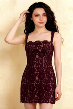 Close-up of Claire burgundy lace A-line square neck mini dress bodice, floral lace overlay detail, semi-formal party dress.