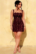 Plus size model in Claire burgundy lace A-line square neck mini dress, inclusive sizing semi-formal event dress, front view.