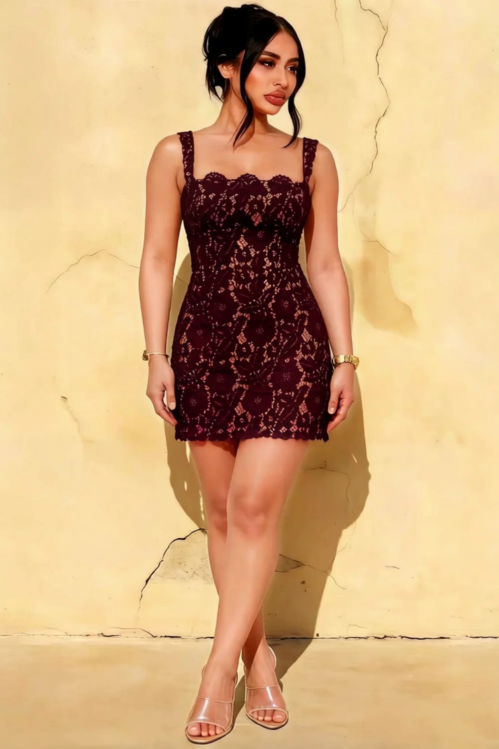 Plus size model in Claire burgundy lace A-line square neck mini dress, inclusive sizing semi-formal event dress, front view.