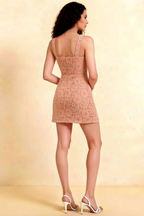 Claire coral lace A-line square neck mini dress back view zipper detail studio shot for homecoming semi-formal event