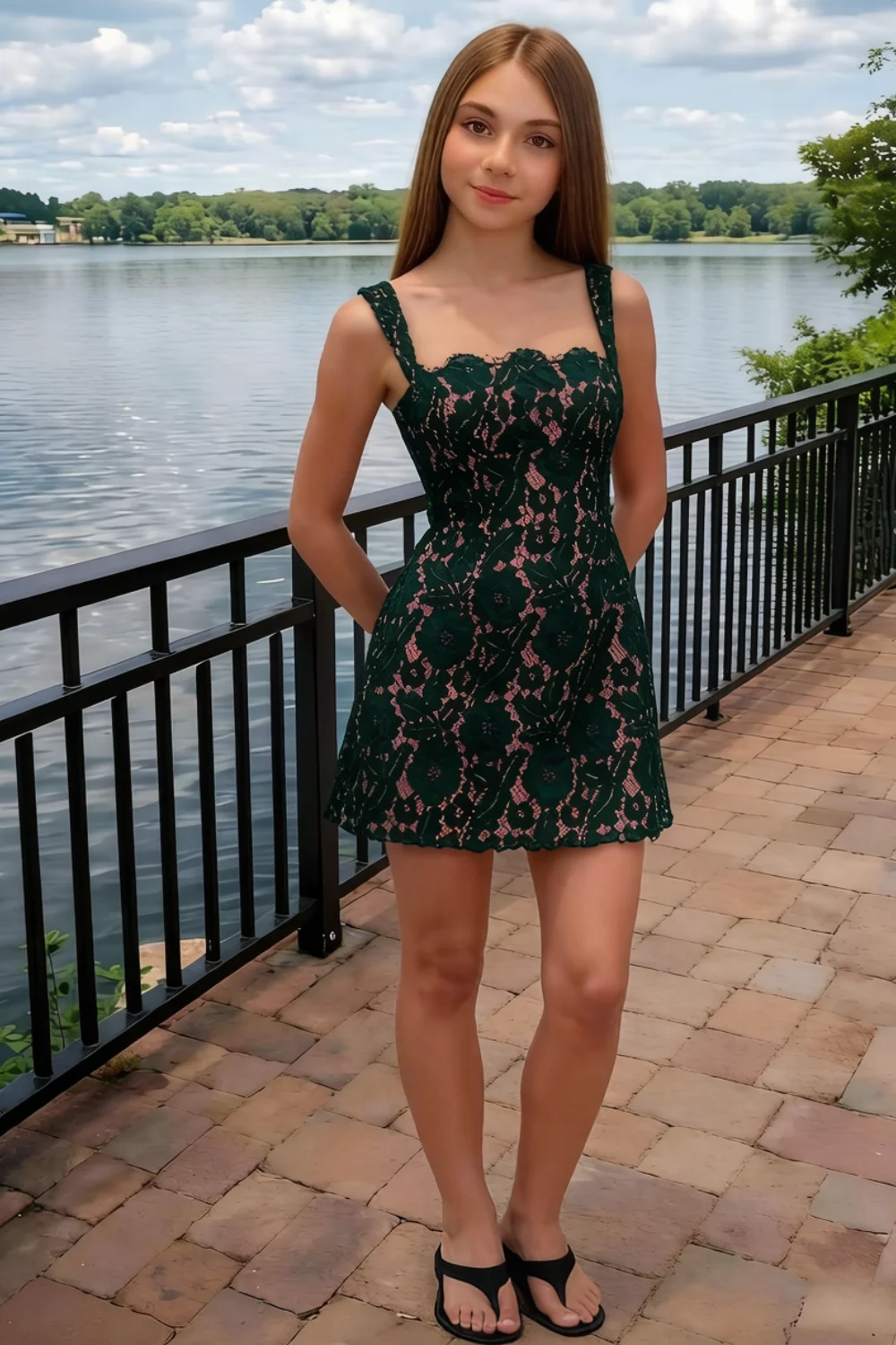 Real customer wearing Claire dark green lace square neck dress to a summer outdoor event, demonstrating the casual yet chic look.