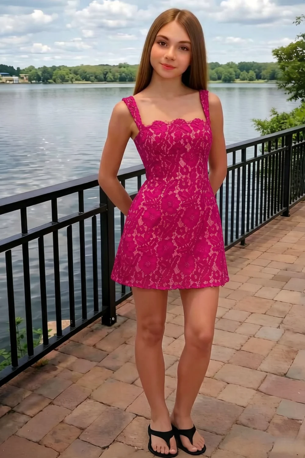 Customer wearing Claire fuchsia lace A-line square neck mini dress by lakeside, outdoor semi-formal event, flowy lace fabric, flattering silhouette for prom, bridesmaid party