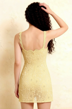 Claire lemon lace A-line square neck mini dress back detail model studio shot