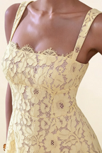 Claire lemon lace A-line square neck mini dress intricate floral lace texture close up