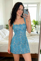 Claire Light Blue Lace A-line Square Neck Mini Dress