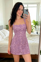 Claire lilac lace A-line square neck mini dress customer selfie bedroom try - on