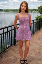 Claire lilac lace A-line square neck mini dress customer outdoor lake side try - on