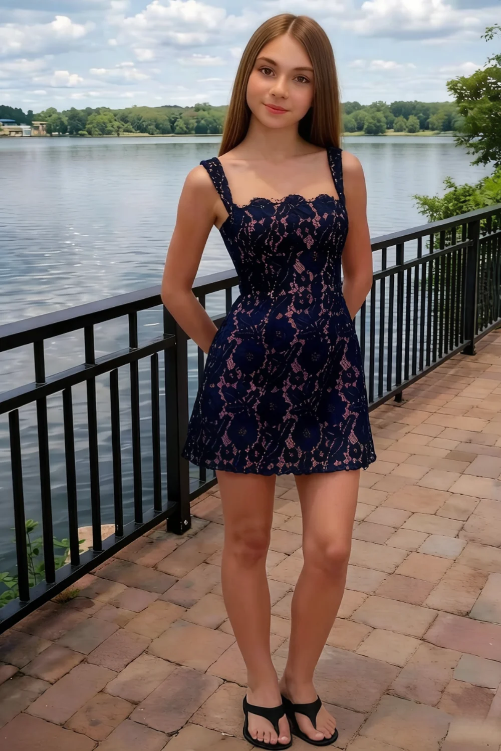Real customer wearing Claire navy lace A-line square neck mini dress outdoor summer event