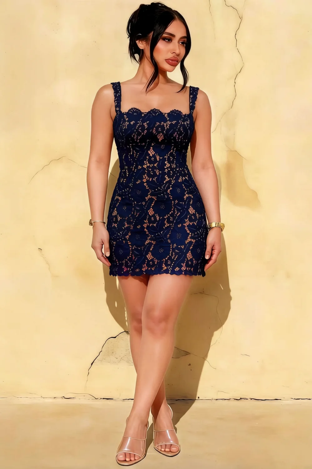 Claire navy lace A-line square neck mini dress plus size model front view sunny wall