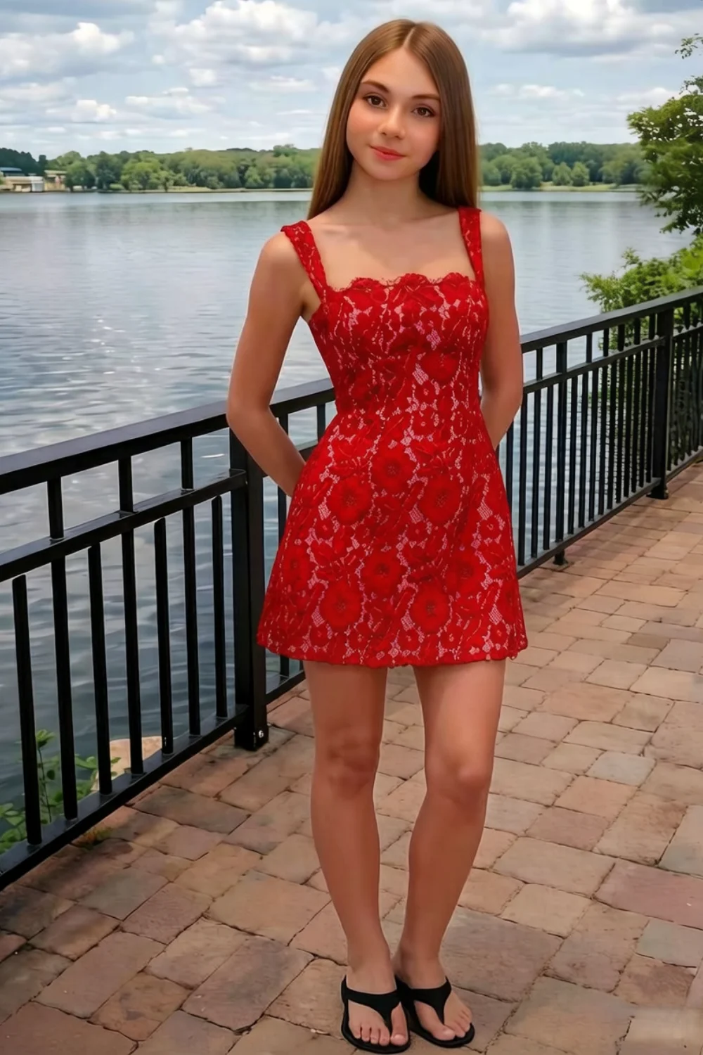 Real customer wearing Claire red lace square neck dress outdoors by lake scenic background casual semi-formal occasion