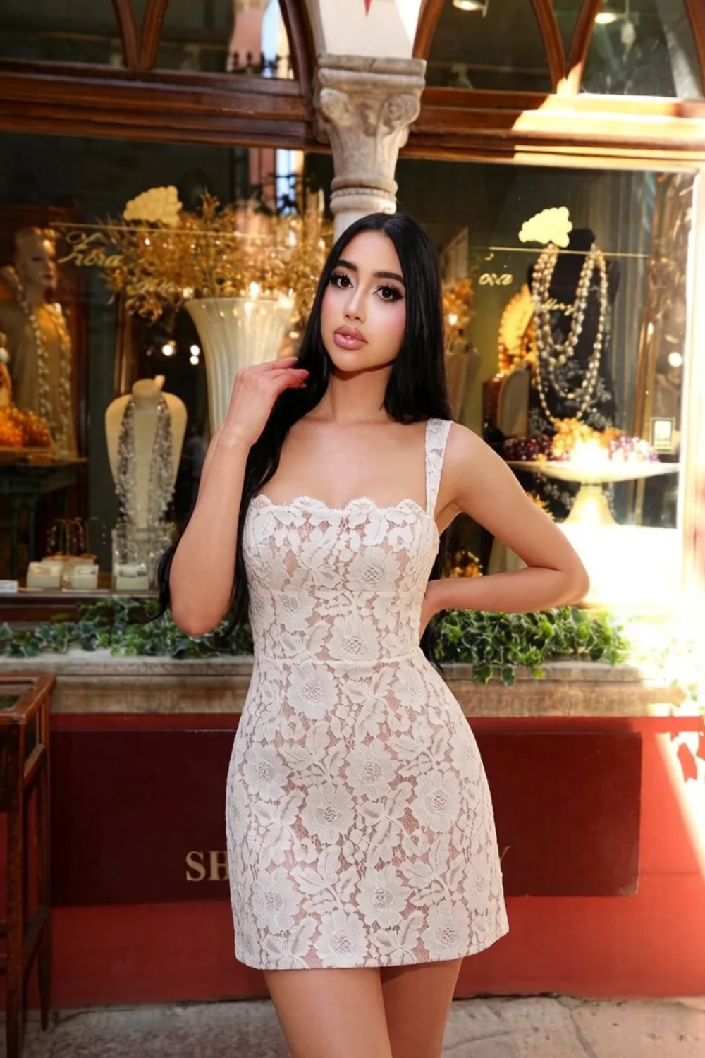 Real customer photo of Claire white lace A-line dress, street style look in front of luxury jewelry store window display.