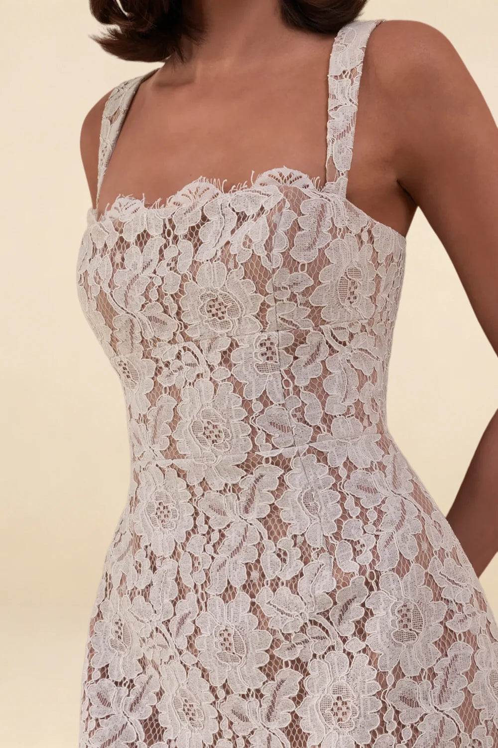 Claire white lace A-line square neck mini dress lace pattern square neck close up