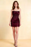 Clara burgundy satin strapless mini dress with sweetheart neckline and sequin lace corset bodice front view