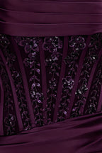 Clara grape dress fabric detail: satin, sequin lace embroidery with floral pattern