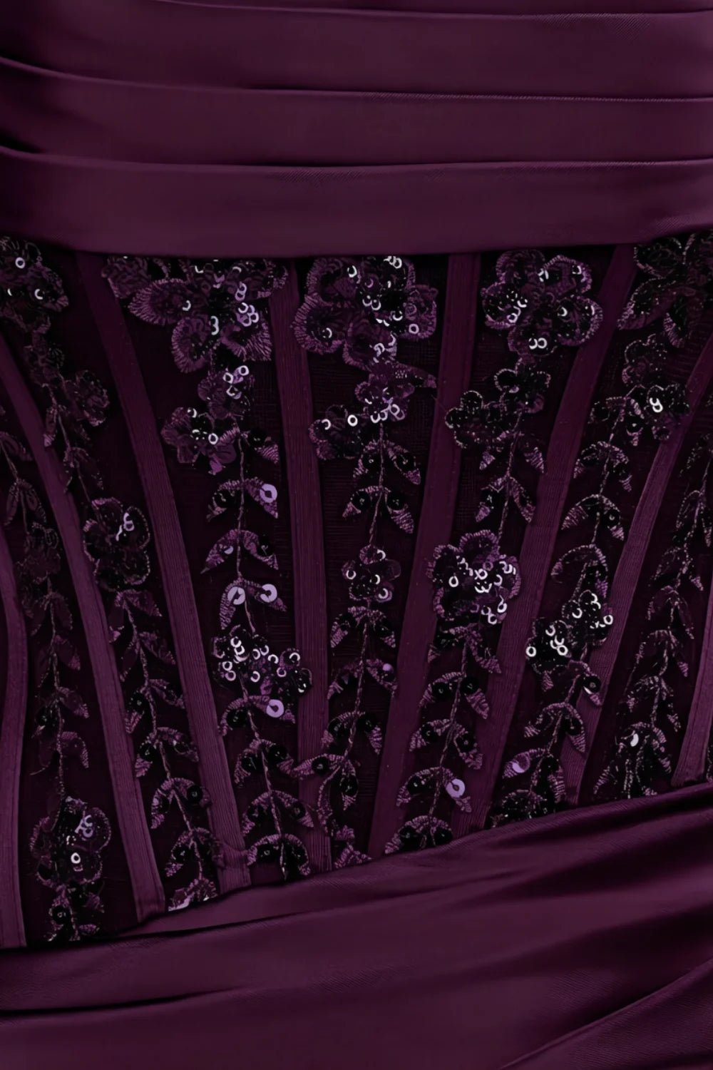 Clara grape dress fabric detail: satin, sequin lace embroidery with floral pattern