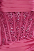 Close - up of Clara hot pink satin bodycon corset dress lace sequin embroidery detail