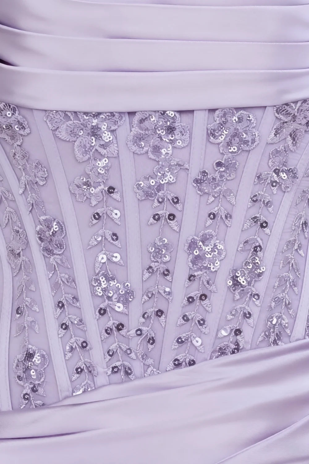 Clara lavender satin bodycon corset strapless pleated mini dress lace sequin applique detail close-up