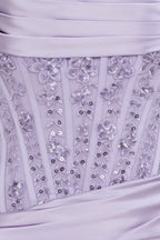 Clara lavender satin bodycon corset strapless pleated mini dress lace sequin applique detail close-up