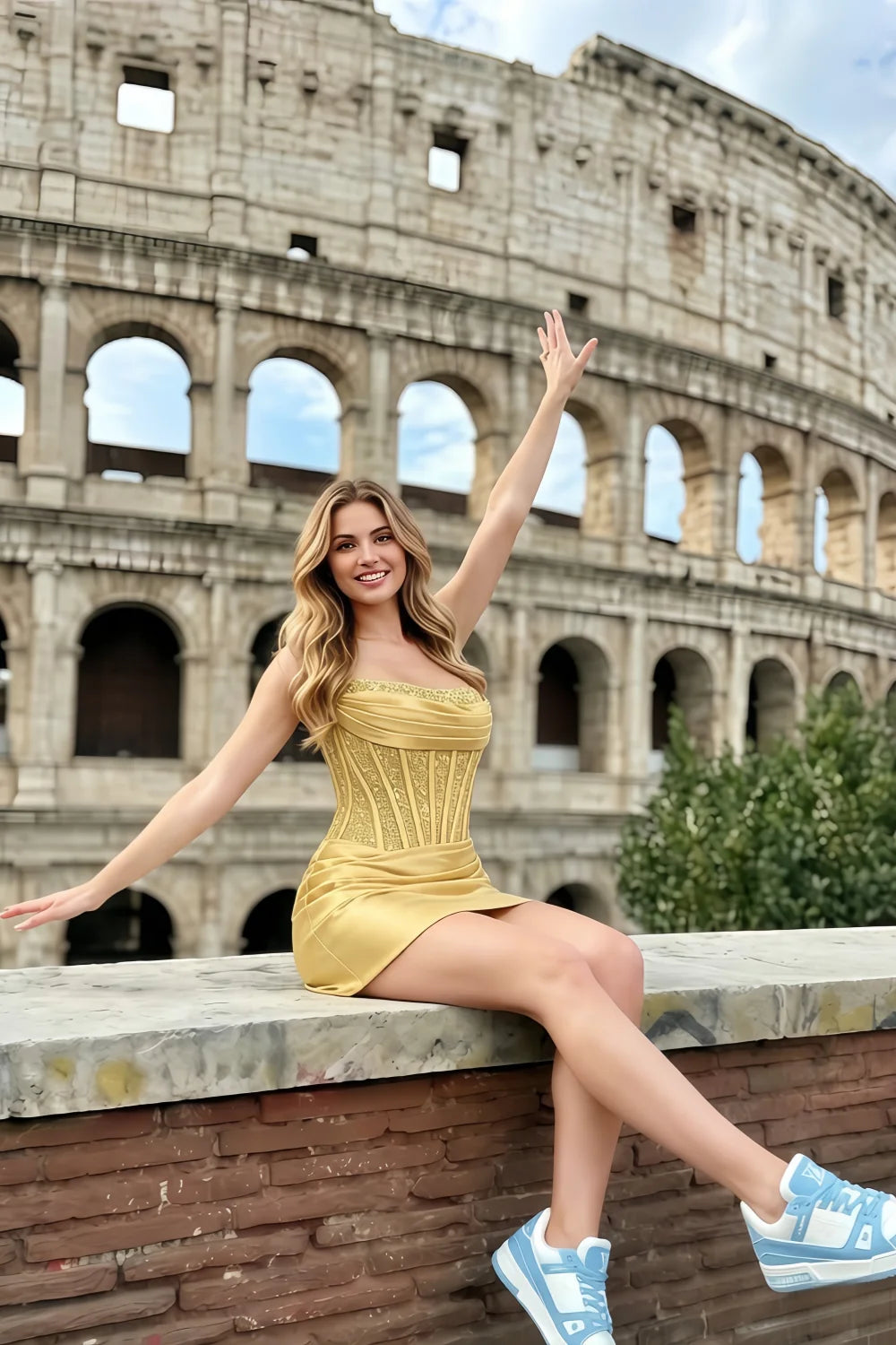 Model wearing Clara lemon satin corset dress visiting Rome Colosseum Europe travel vacation
