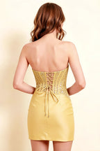 Back detail of Clara lemon satin corset dress lace up back and zipper closure