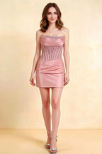 Clara Pink Satin Bodycon Corset Strapless Pleated Mini Dress for Homecoming, Semi-Formal & Prom - Front View of Slim Fit with Sequin Lace Bodice